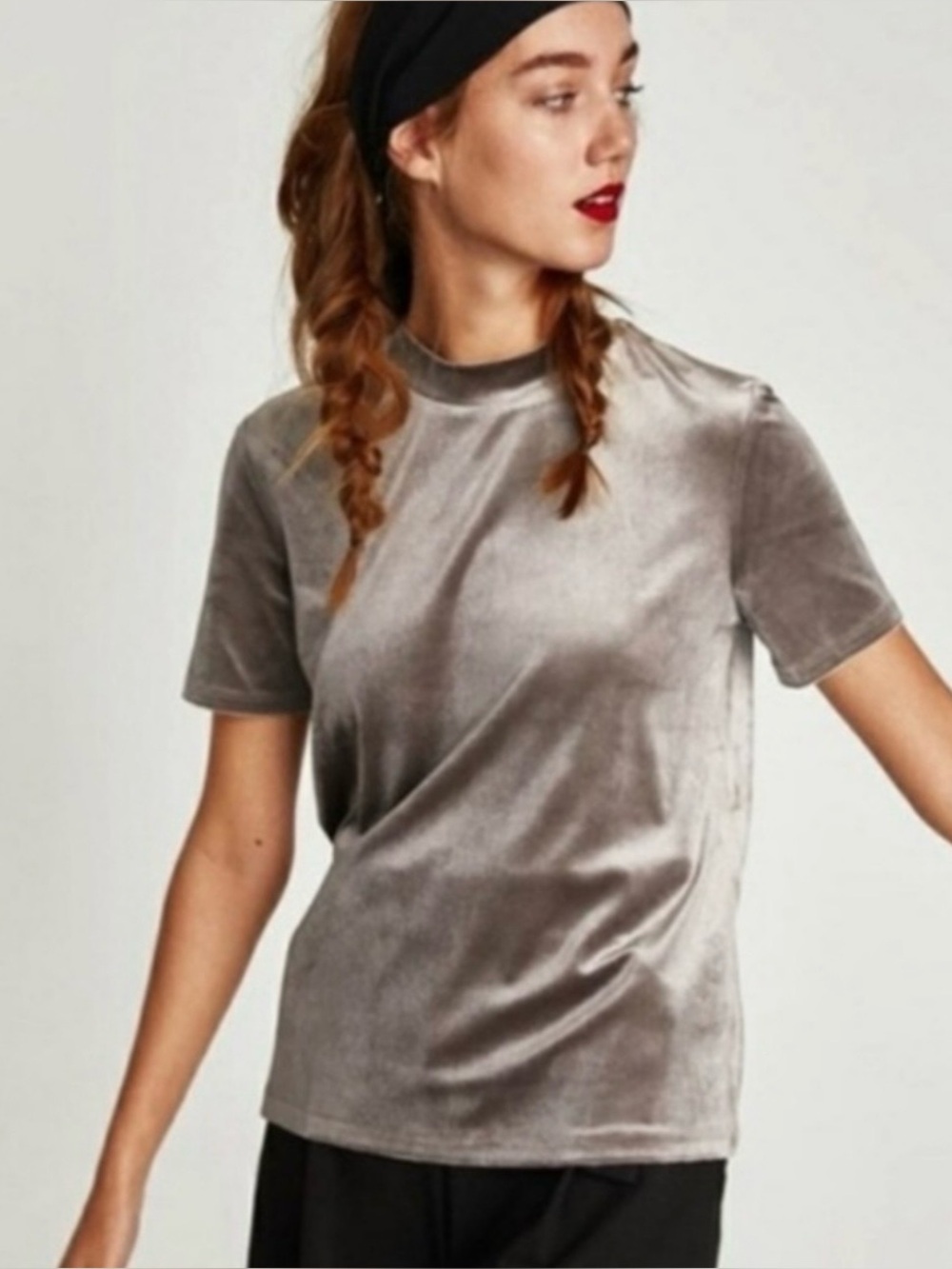 Zara Trafaluc Velvet Short Sleeve Mock Neck Top Grey Size Medium